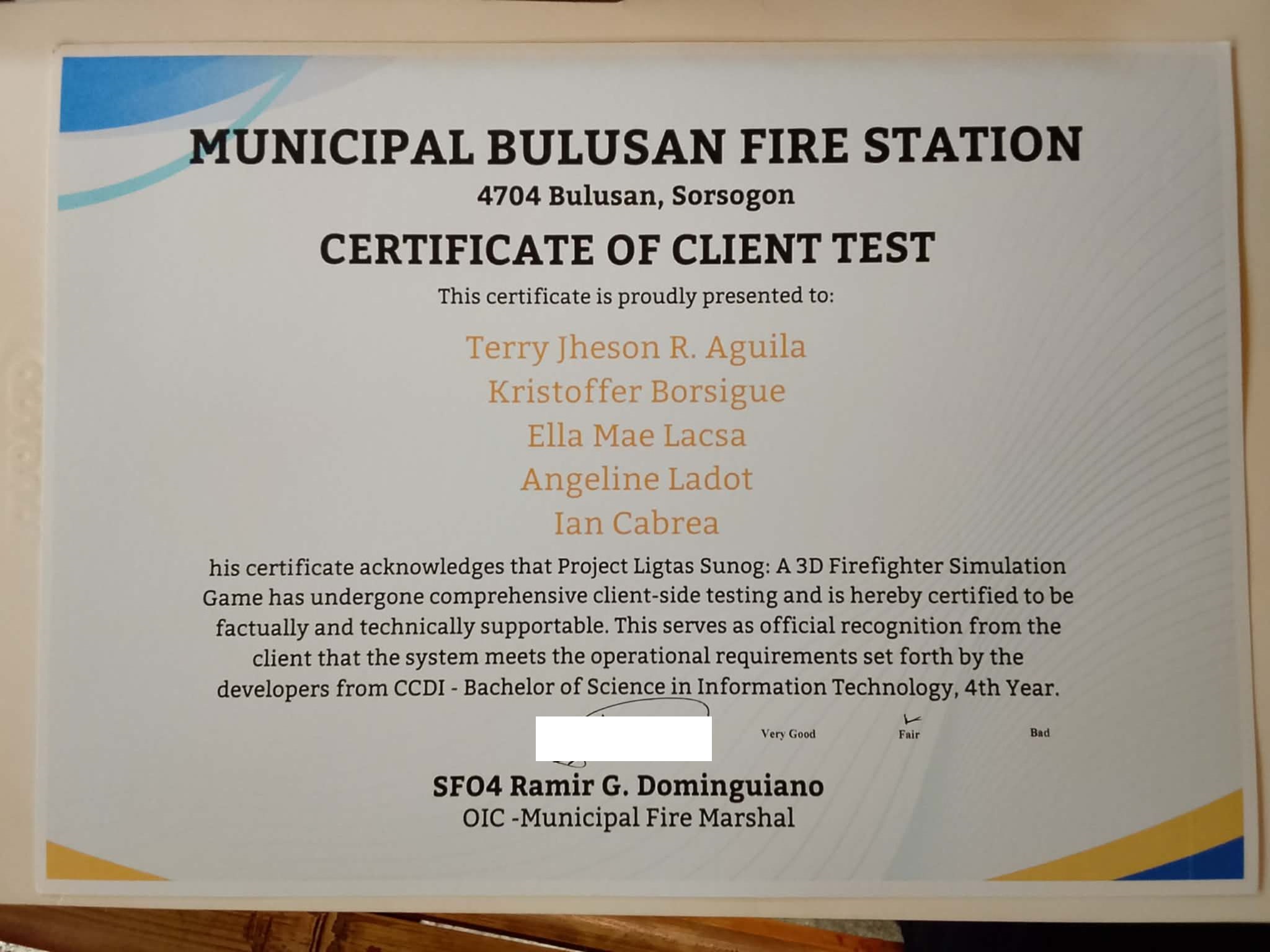 Certificate of Client Test — Municipal Bulusan Fire Station